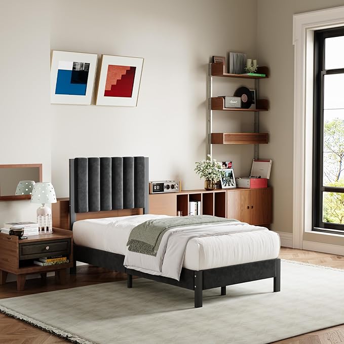 Avenco Twin Size Bed Frame with Velvet Upholstered Piano Keys Headboard, Metal Platform Bed Frame with Metal Slats for Bedroom, Black