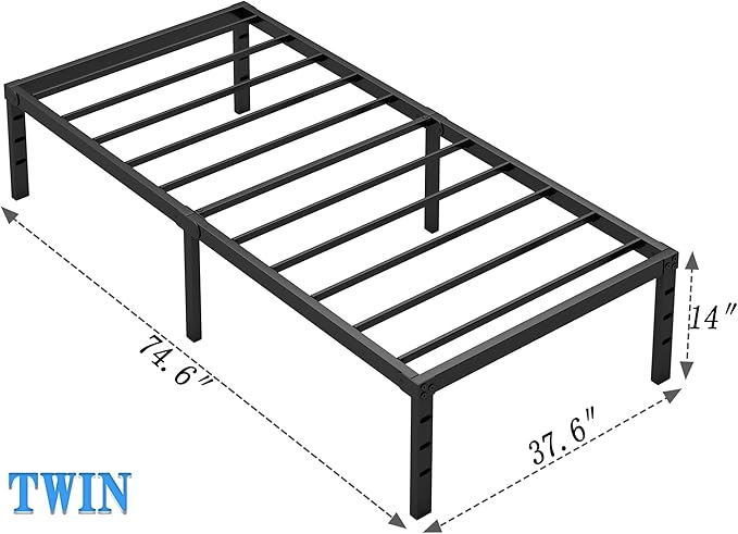 NEW JETO Metal Bed Frame,Twin Size Bed Frame with Storage Space,Heavy Duty Sturdy Mattress Foundation,Easy Assembly,No Box Spring Needed, Black,14 Inch,Twin