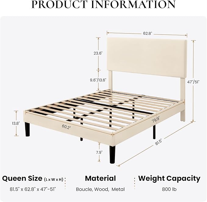 SHA CERLIN Queen Size Platform Bed Frame with Adjustable Headboard and Wooden Slats Support, Velvet Upholstered Mattress Foundation, No Box Spring Needed, Easy Assembly, Soft Cream