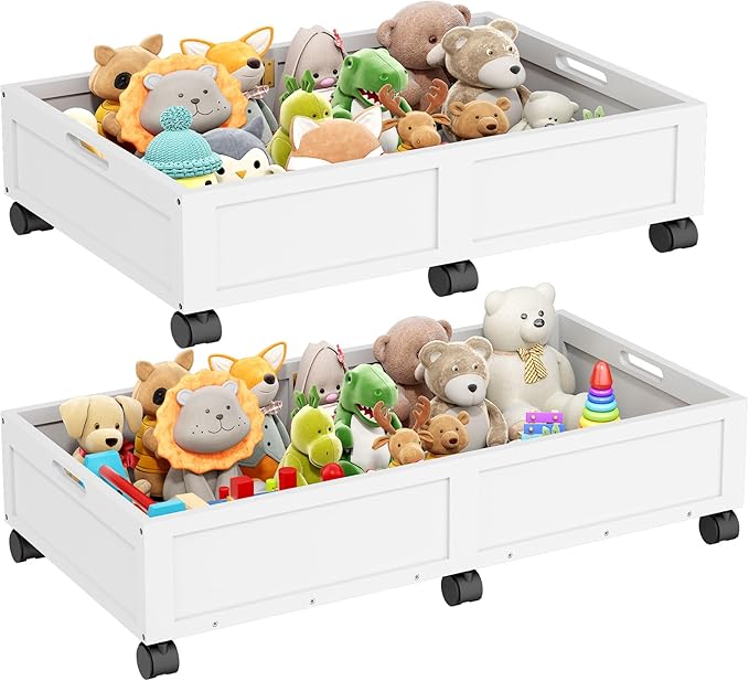 WISUCART Wood Under Bed Storage Containers Underbed Organizer with Wheels Sturdy Wood Rolling Under Bed Shoe Storage Organizer 2 Packs (White, Large)