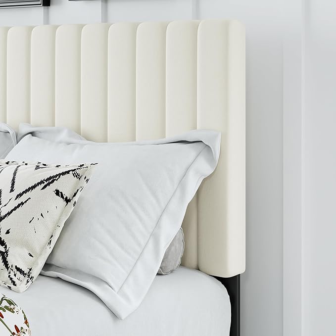 Twin Bed Frame, Velvet Upholstered Platform Bed Frame with Adjustable Headboard, Vertical Quilted Design, Sturdy Slatted Mattress Base, Easy to Assemble, White