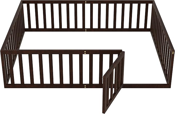 Bellemave Queen Size Montessori Floor Bed with 21.7" High Rails, Pine,Plywood Floor Bed with Small Door, Walnut