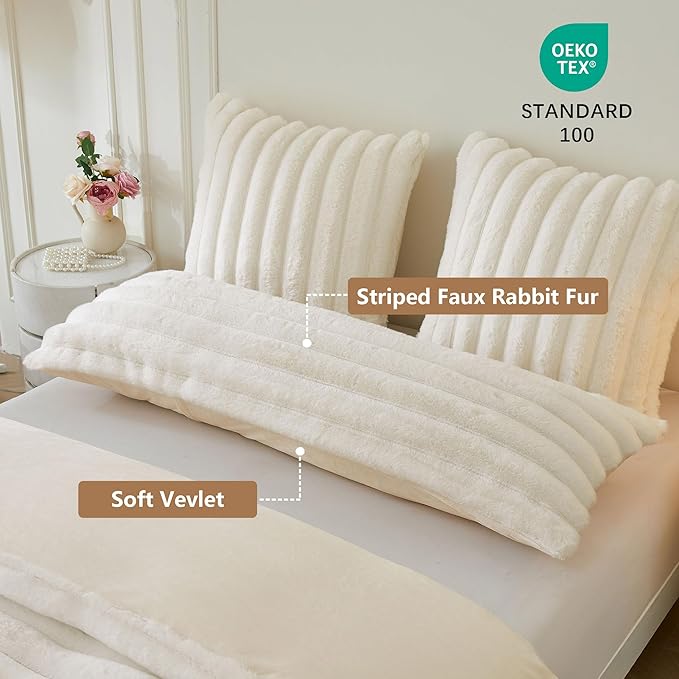 MEGO Luxury Faux Rabbit Fur Body Pillow Cover, Fulffy Cozy Plush Fuzzy Striped Ivory Bed Pillowcase 20x54 with Zipper, Home Decor Furry Bedroom Long Pillow Cover for Pregnancy Side Sleeper, Beige