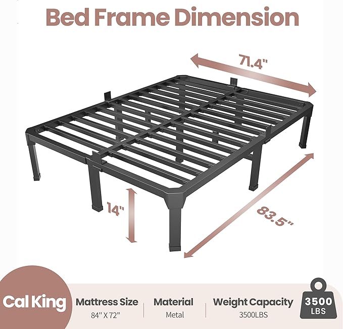 ROIL 14 Inch California King Size Bed Frame with Mattress Slide Stopper - Double Black Anti Squeak Steel Slats Metal Platform, Heavy Duty Noise Free, No Box Spring Needed
