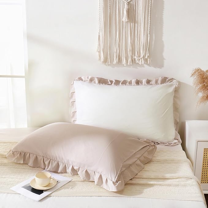 Merryword Beige Pillow Ruffled Shams White and Beige Reversible King Pillowcases Cute Pillow Cover Set of 2 Soft Shabby Chic Pillowcases 2 Pack (King (20''x36''), White Beige)
