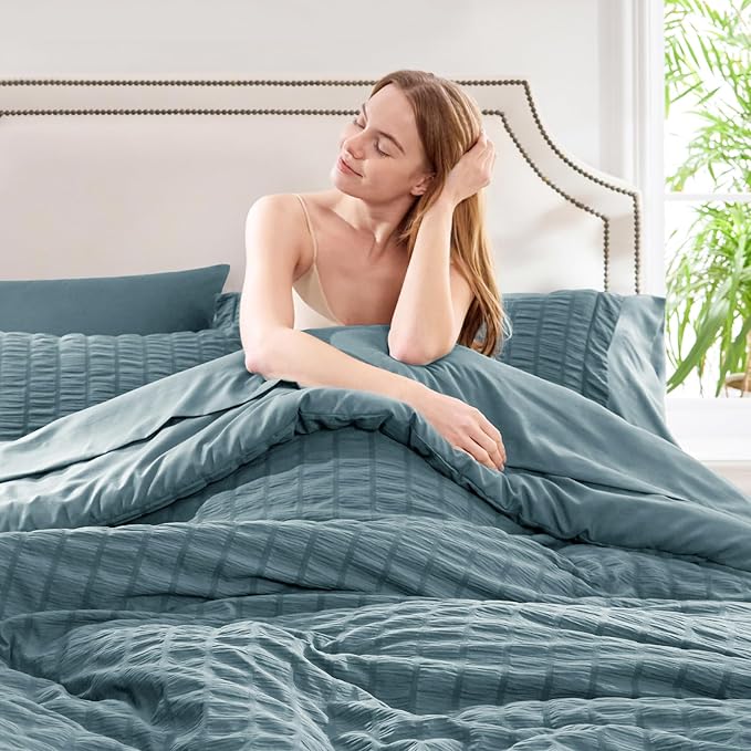CozyLux Twin Comforter Set with Sheets 5 Pieces, Mineral Blue Seersucker Textured Bed in a Bag, Luxury Soft Bedding Sets with Down Alternative Comforter, Sheets, Pillowcase & Sham for All Seasons