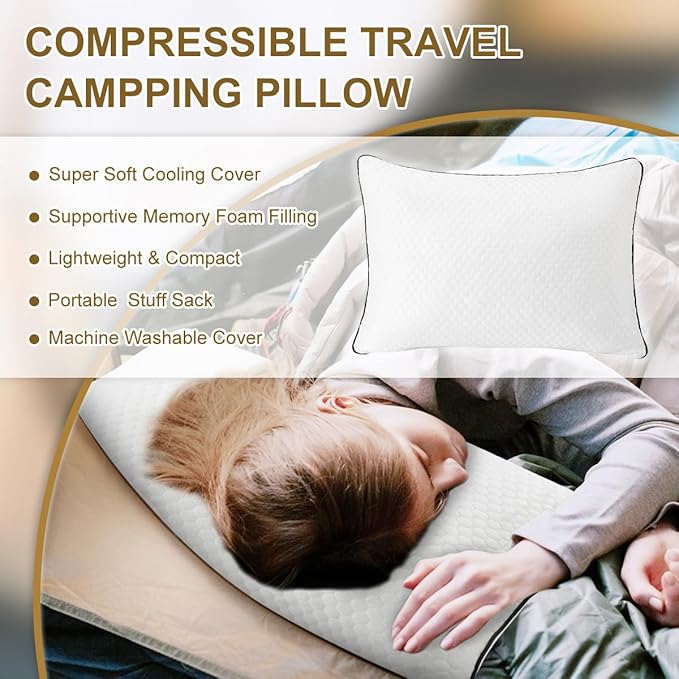 Ivellow Travel Pillow Camping Pillow for Sleeping Small Cooling Shredded Memory Foam Pillow Compressible Compact Medium Firm,Breathable Soft Cover,Outdoor Car Backpacking Hiking Essential Gear White S