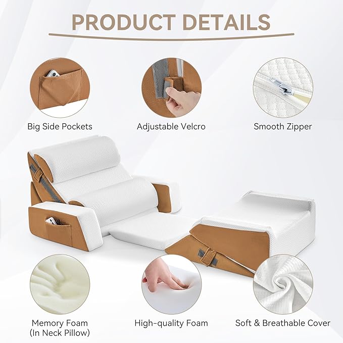 Yojoker 9PCS Orthopedic Bed Wedge Pillow Set for Sleeping, Back and Leg Pain Relief, Post Surgery Foam Pillow for Body, Triangle Adjustable Support Pillow - Acid Reflux Sleeping Pillows Brown