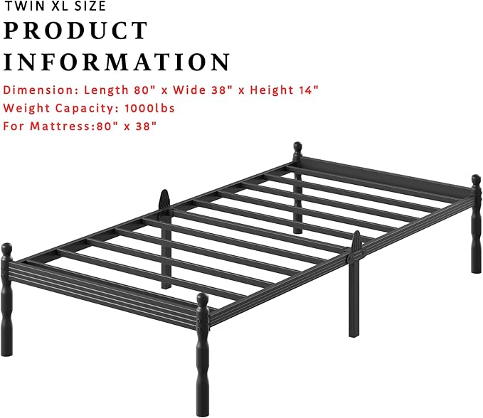 ZIYOO Twin XL Bed Frame - 14 Inch Heavy Duty Metal Platform, Mattress Slide Stopper, Squeak-Resistant, Easy Assembly, No Box Spring Required for Adults
