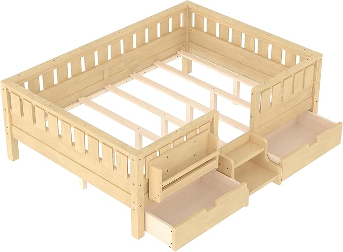 Bellemave Full Size Kids Montessori Bed with Stairs and Bookshelf,Solid Wood Full Size Kids Bed Frame with Drawers and Storage for Girls Boys,Low-Profile,Light Natural