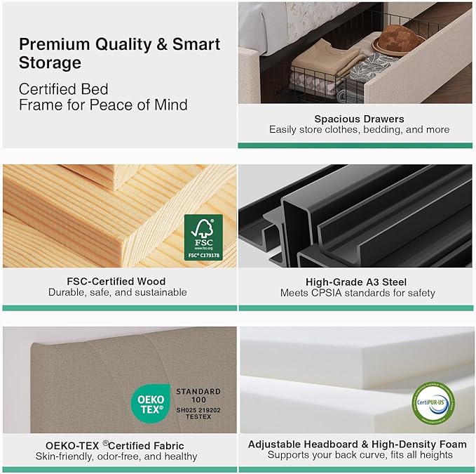 Novilla Full Size Bed Frame, Full Size Bed Frame with Headboard, Full Size Bed Frame with Storage Drawers, Full LED Bed Frame, Charging Station and Adjustable Headboard, No Box Spring Needed, Beige
