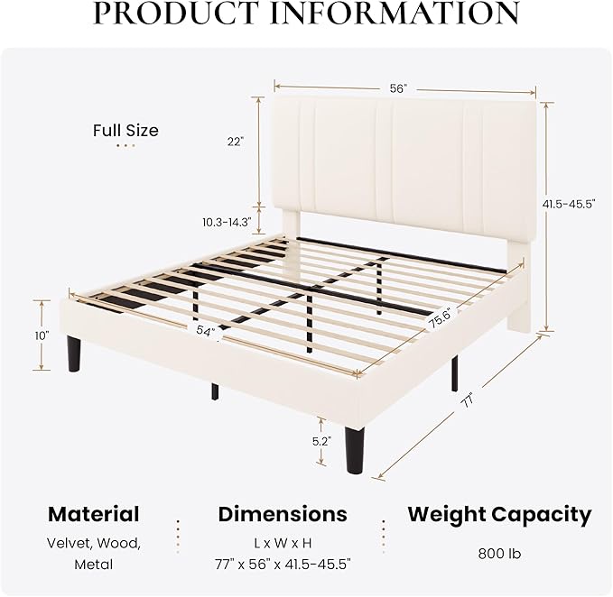 SHA CERLIN Full Size Platform Bed Frame, Velvet Upholstered Bed with Adjustable Headboard, Vertical Channel Tufted Design, Sturdy Wood Slat Support, No Box Spring Needed, Easy Assembly, Cream White