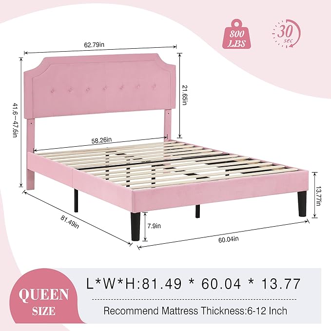 VECELO Queen Size Velvet Bed Frame with Headboard, Upholstered Platform Bedframe with Strong Wooden Slats, No Box Spring Needed, Easy Assembly,Pink