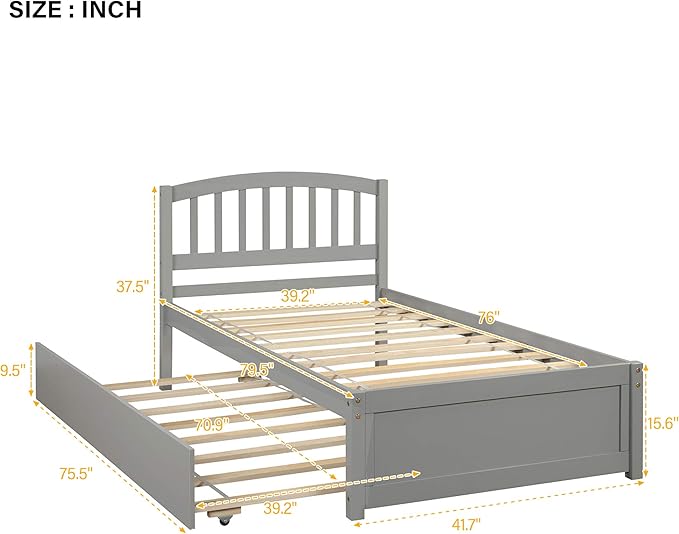 Ball & Cast Trundle Bed Twin,Twin Trundle Bed Frame Roll Out,Solid Wood Bed Frames with Headboard and Wooden Slats Support,for Bedroom,Guest Room,Apartment,Gray
