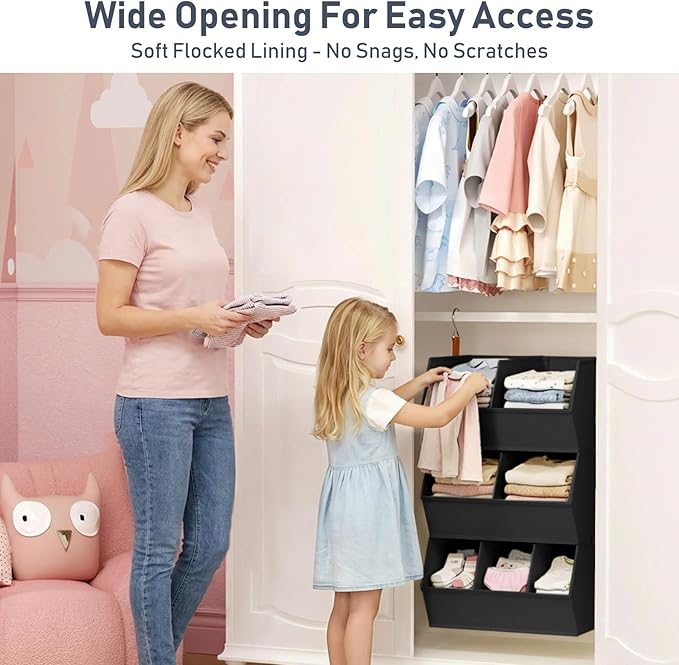 DIMJ Hanging Closet Organizer Extra Large, Clothes Hanging Shelves for Closet with Divider, Collapsible Closet Storage System, Fabric Storage Bins for Home, Black, 15.75 × 12.20 × 9.44, 3 Pack