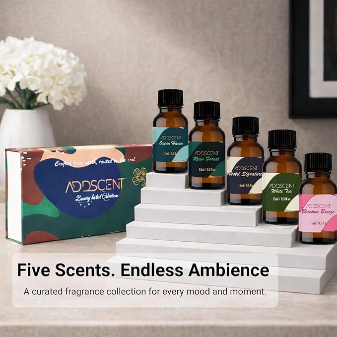 Luxury Hotel Collection Aroma Oils, White Tea Rain Forest Ocean Haven Blossom Breeze Hotel Signature Scents, 5 x 15ml Bottles for Home Office Spa Ambience, Premium Oil Diffuser Set