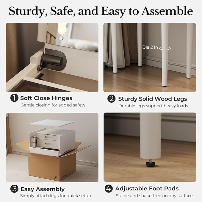 Muwuele Solid Wood Small Vanity Desk with Mirror and Lights, Narrow Makeup Vanity for Small Space, Flip Top Vanity Side Table, 3 Color Modes & Adjustable Brightness, 19.6" Slim Dressing Table, White