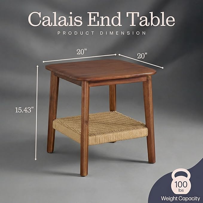 Alaterre Furniture Calais 2-Tier Solid Wood End Table with Woven Storage Shelf – Set of 2 Mid Century Modern Nightstand or Side Table for Living Room, or Bedroom (Chestnut)