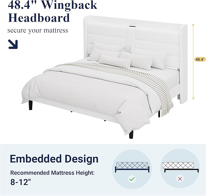 Allewie King Size Platform Bed Frame with Charging Station & Storage Headboard, Upholstered Velvet Wingback Design & USB Port, Strong Wooden Slats Support, No Box Spring Needed, Easy Assembly, White