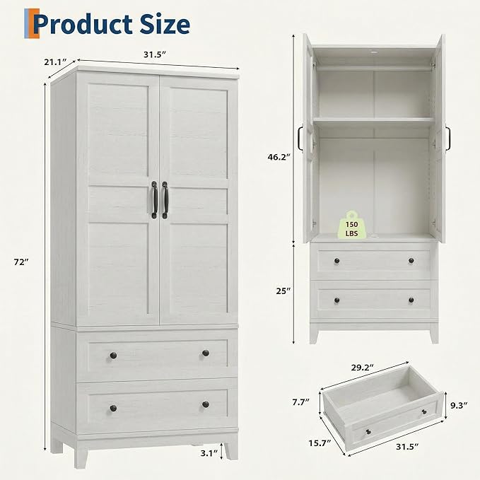 IDEALHOUSE Armoire Wardrobe Closet with 2 Drawers, 72" Tall Wooden Clothing Wardrobe with Hanging Rod & DIY Adjustable Shelf, Heavy Duty Bedroom Armoire Storage Cabinet with Doors, Rustic White