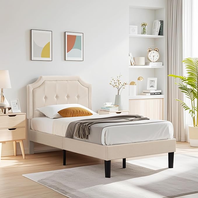 VECELO Twin Upholstered Platform Bed Frame with Adjustable Button Stitched Panel Headboard,Strong Wood Slat Support,Velcro Design,Mattress Foundation/Easy Assembly,Beige