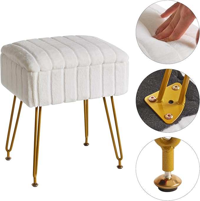 IBUYKE Vanity Chair with Storage Space, Footrest Ottoman, Small Side Table, Vanity Stool for Makeup Room, Bedroom, with Anti-Slip Feet, Faux Fur, White LG-50W