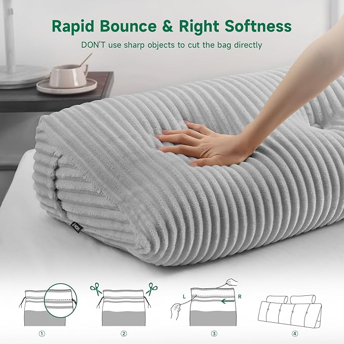 Z-hom Large Wedge Pillow Headboard, Queen Triangular Headboard Pillow, Reading Pillow Bed with a Roll Pillow for Bed Sitting Up Sleeping, Backrest Cushion Headboard Gap Pillow for Back, Light Gray