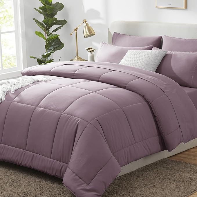 CozyLux Oversized King Comforter Sets Dusty Purple, 7 Pieces Bed in a Bag, Ultra-Soft All Season Bedding Sets with Stitch Quilted Comforter, Flat Sheet, Fitted Sheet, Pillowcases