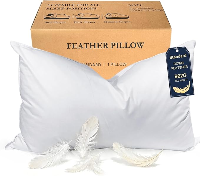BHZ Goose Down Feather Standard/Queen Pillow, Luxury Hotel Collection Bed Pillow for Sleeping, Firm Soft Support for Side & Back Sleepers for Apartment College Dorm Room Essentials, White