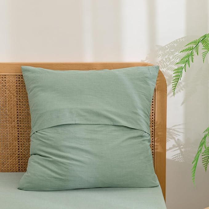 BESTOUCH 100% Washed Cotton Pillowcase for Hair and Skin Linen Feel Soft Comfortable Breathable 2 Set Pillow Case with Envelope Closure Solid Green Euro 26x26 Inches