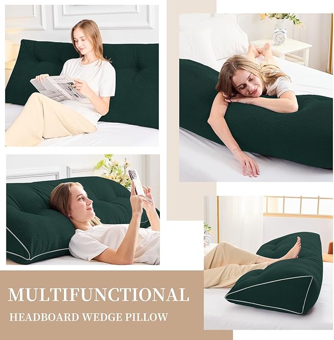 Sasttie Headboard Pillow Full, Wedge Pillow Headboard for Sitting Up in Bed, Back-Rest Support Triangular Cushion for Reading - Features Removable Washable Cover, Green
