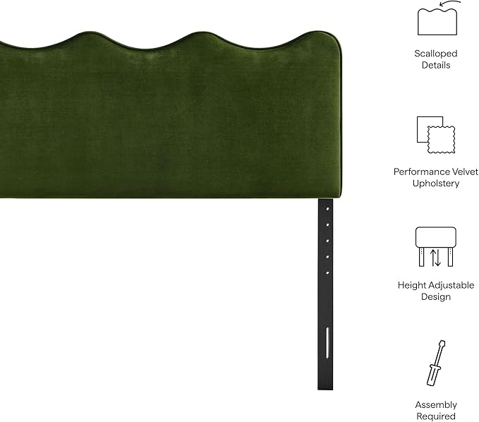 Monday Athena King Size Performance Velvet Adjustable Headboard in Moss Green - with Scalloped Wave Design and Stain-Resistant Velvet Upholstery