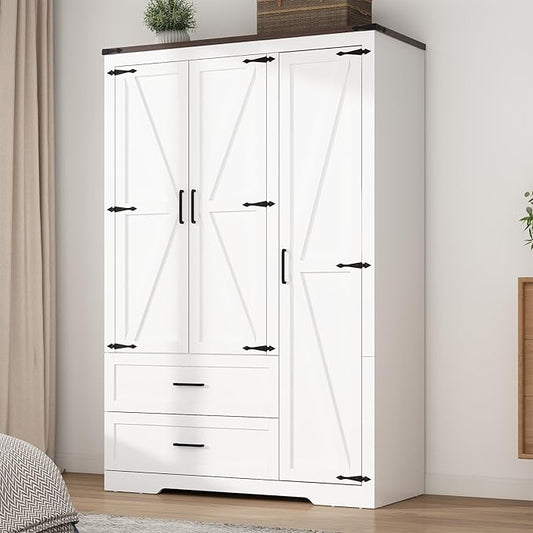 Hlivelood 3 Doors Wardrobe Armoire Closet with Doors and Drawers, Farmhouse Wooden Armoire Storage Cabinet with Shelves & Hanging Rod for Bedroom, White