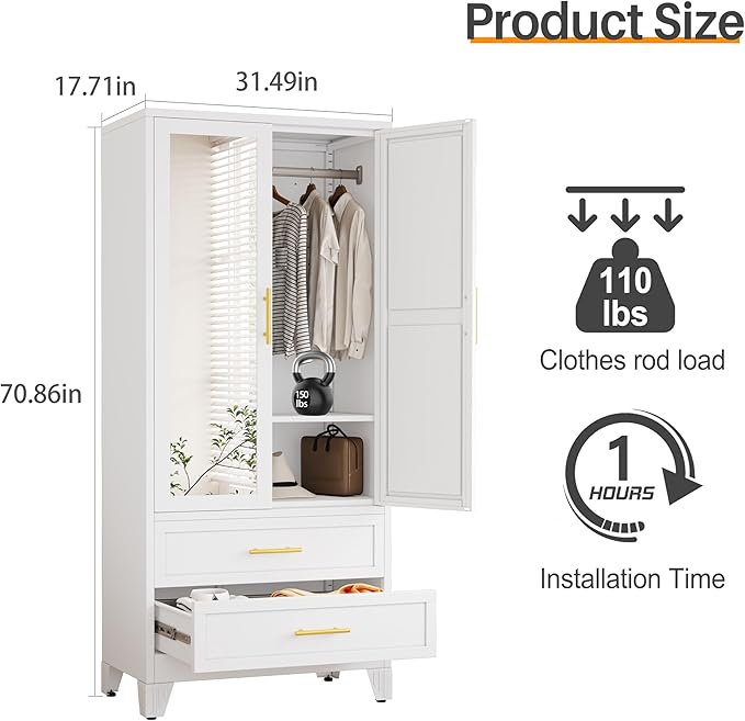 RIETERN Metal Armoire Wardrobe Closet, 71" Tall Bedroom Closet with Mirror, 2 Drawers, Adjustable Shelves, and Hanging Rod, Steel Clothes Closets and Storage, for Bedroom White