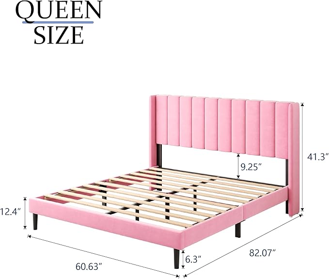 Gruwans Queen Size Bed Frame with Upholstered Wingback Headboard, Easy Assemnly Platform Bed, Wooden Slat Support No Box Spring Needed, Pink Velvet