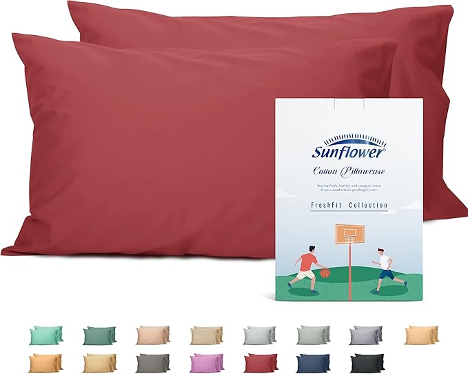 Sunflower King Pillowcases Set of 2, 100% Cotton King Size Pillow Cases 2, 20×40 inches Jester Red, Soft and Breathable