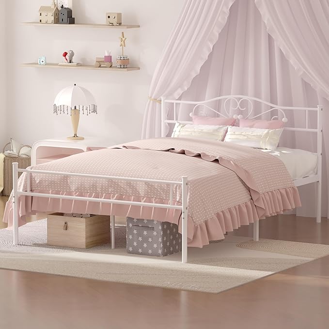 VECELO 14 Inch Queen Size Metal Platform Bed Frame with Headboard and Footboard, Heavy Duty Mattress Foundation with Steel Slats Support, No Box Spring Needed, White
