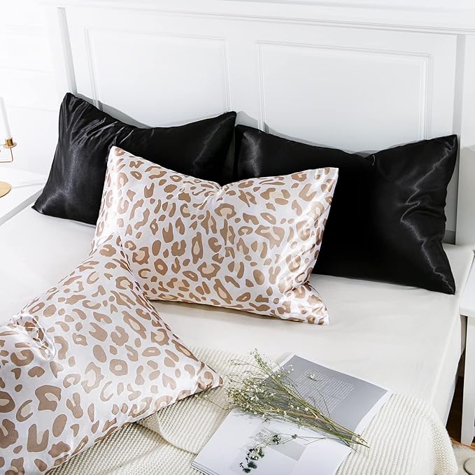 MR&HM Satin Pillowcase for Hair and Skin, Silk Satin Pillowcase 2 Pack, Standard Size Pillow Cases Set of 2, Silky Pillow Cover with Envelope Closure (20x26, Champagne Leopard)