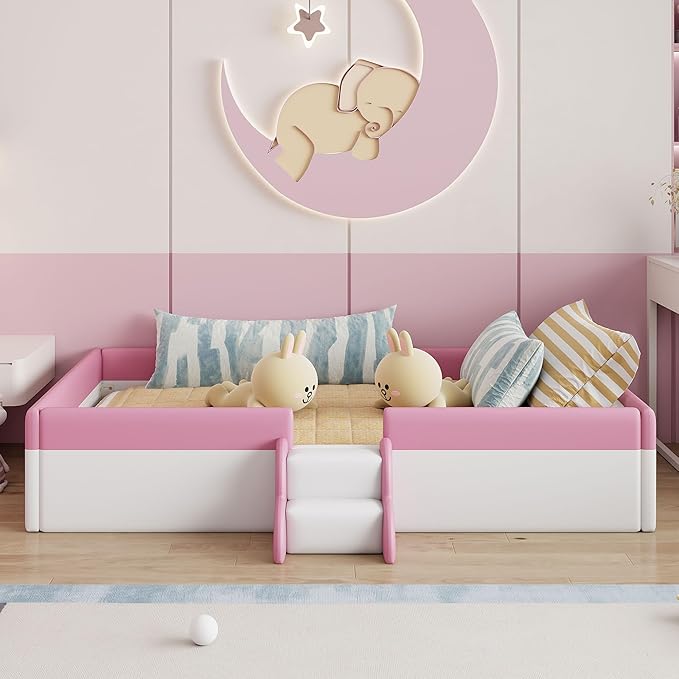 Merax Full Size Daybed Frame with Fence, Stairs, Upholstered Wood Bed for Living Room, Floor Bed, White+Pink