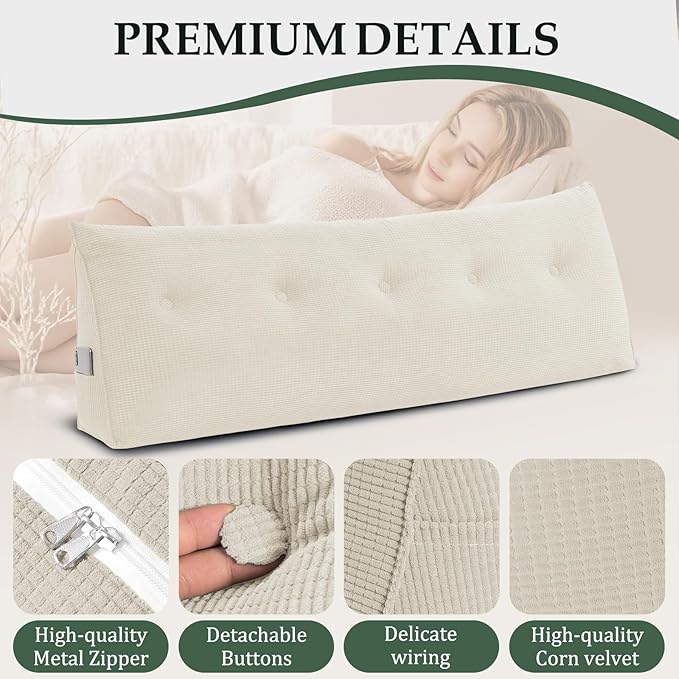 Huatean Home Soft Headboard Pillow Queen Size, Wall Backrest Wedge Pillow Headboard Queen, Reading Backboard Pillows, Large Dorm Daybed Bolster Pillows for Back Support with Removable Cover, Beige
