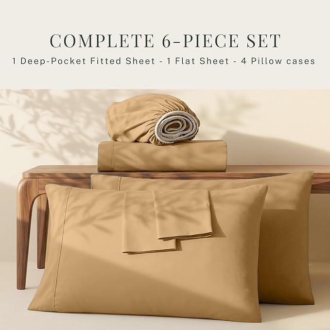 Hearth & Harbor Extra Deep Pocket Queen Sheets Sets - Fits Mattress 18-24 Inches Deep - Extra Deep Pocket Sheets - 6 Piece Queen Size - Camel
