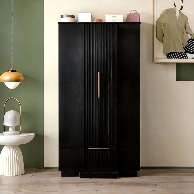 Brafab 67" Fluted Armoire Wardrobe Closet Set of 2 with Drawers and Doors, Wooden Wardrobe Cabinet with Adjustable Shelves, Modern Storage for Clothes, Coats for Bedroom,Black(2 pcs)