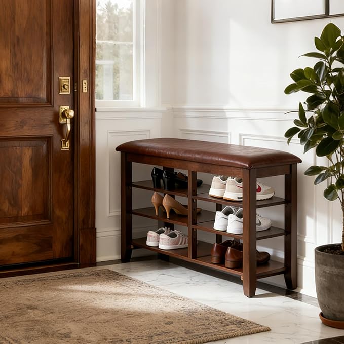 PY HOME & SPORTS Shoe Rack for Entryway 23.6": 3-Tier Shoe Storage Bench, Adjustable/Removable Shelves, Rubberwood Shoe Benches for Hallway, Porch, Bathroom, Brown