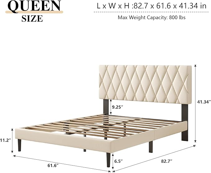 CXVX Queen Size Bed Frame with Diamond Tufted Headboard, Velvet Upholstered Platform Bed and Wooden Slat Support, Noise-Free, No Box Spring Needed, Easy Assembly, Beige