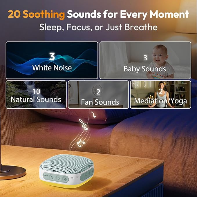 Portable Sound Machine for Travel, White Noise Sound Machine for Sleeping with Night Light, 20 Quality Non-looping Sounds, Headphone Jack, Memory, Timer for Adults,Hotel(Green)