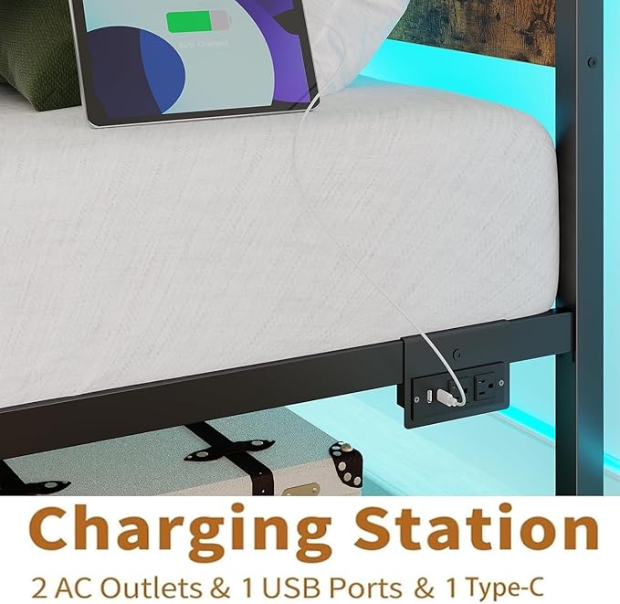 Bed Frame Twin Size with USB Charging Station, LED Light Metal Bed Frame with Wooden Headboard, Metal Platform Bed with Under Bed Storage, Easy Assembly, No Box Spring Needed, Noise Free(Rustic Brown)