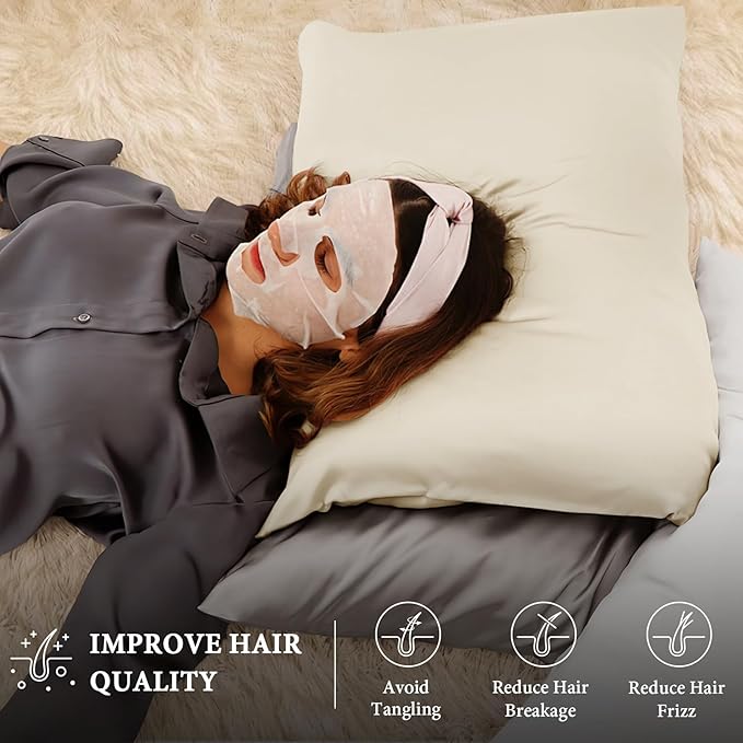 BHZ Beige Satin Goose Down Feather Pillows King Size with Pillowcase for Hair and Skin, Cooling Pillow Cases Similar to Silk Pillow Cases, Decorative for Women, Mom Men