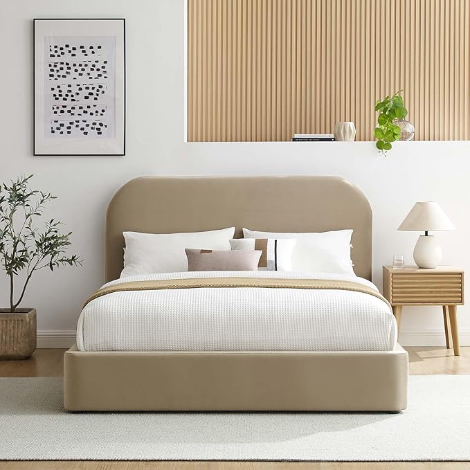 Modway Keynote Modern Queen Bed Frame with Curve Shaped Headboard in Taupe, Upholstered in Performance Velvet, Queen Size Platform Bedain-Resistant Velvet Bed, Soft Cloud Bed Frame