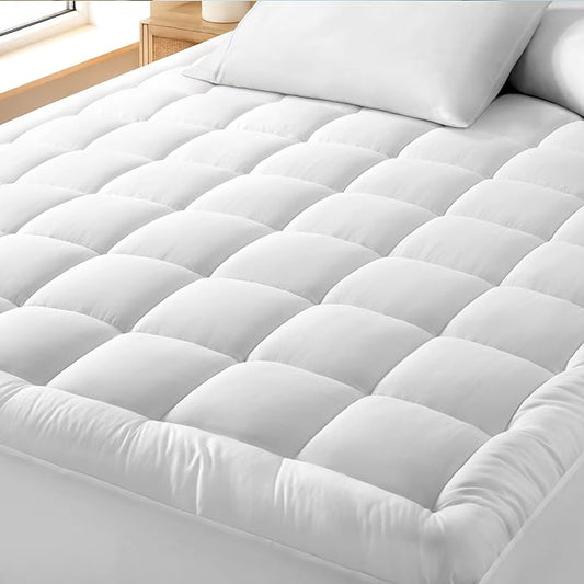 Bare Home Queen Mattress Topper Cotton Top - Plush Topper for Mattress - Fitted Mattress Cover - Cooling Breathable Air Flow - 8" to 21" Deep Pocket - Soft Mattress Pad (Queen, White)