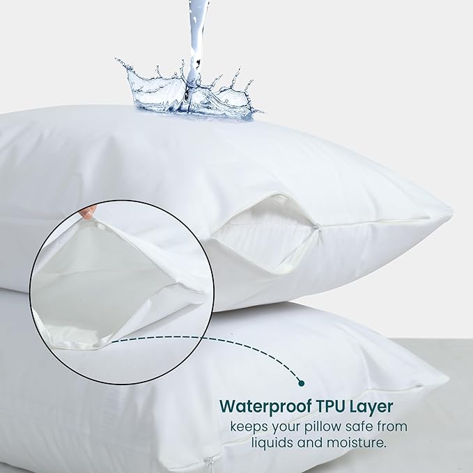 Waterproof Pillow Protectors with Zipper, Queen Size Pack of 4 Zippered Pillow Covers, Noiseless Pillow Encasement Cases 20 x 28 Inches